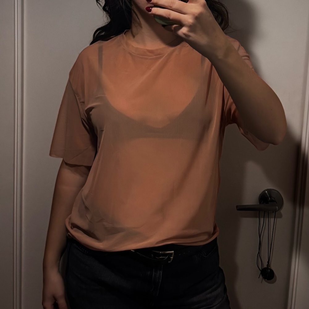 Pull&Bear Soft Peach See-through Short Sleeve Top
